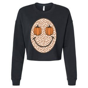 Retro Leopard Smile Face Fall Pumpkin Season Thanksgiving Cropped Pullover Crew