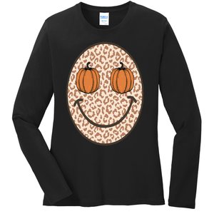 Retro Leopard Smile Face Fall Pumpkin Season Thanksgiving Ladies Long Sleeve Shirt