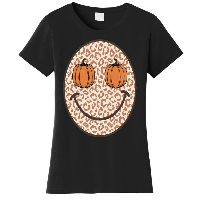 Retro Leopard Smile Face Fall Pumpkin Season Thanksgiving Women's T-Shirt