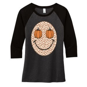 Retro Leopard Smile Face Fall Pumpkin Season Thanksgiving Women's Tri-Blend 3/4-Sleeve Raglan Shirt