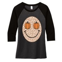 Retro Leopard Smile Face Fall Pumpkin Season Thanksgiving Women's Tri-Blend 3/4-Sleeve Raglan Shirt