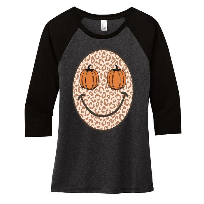 Retro Leopard Smile Face Fall Pumpkin Season Thanksgiving Women's Tri-Blend 3/4-Sleeve Raglan Shirt