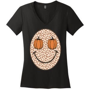 Retro Leopard Smile Face Fall Pumpkin Season Thanksgiving Women's V-Neck T-Shirt