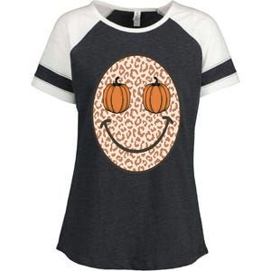 Retro Leopard Smile Face Fall Pumpkin Season Thanksgiving Enza Ladies Jersey Colorblock Tee