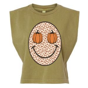 Retro Leopard Smile Face Fall Pumpkin Season Thanksgiving Garment-Dyed Women's Muscle Tee