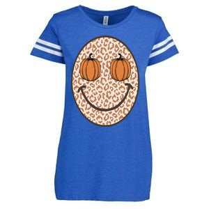 Retro Leopard Smile Face Fall Pumpkin Season Thanksgiving Enza Ladies Jersey Football T-Shirt