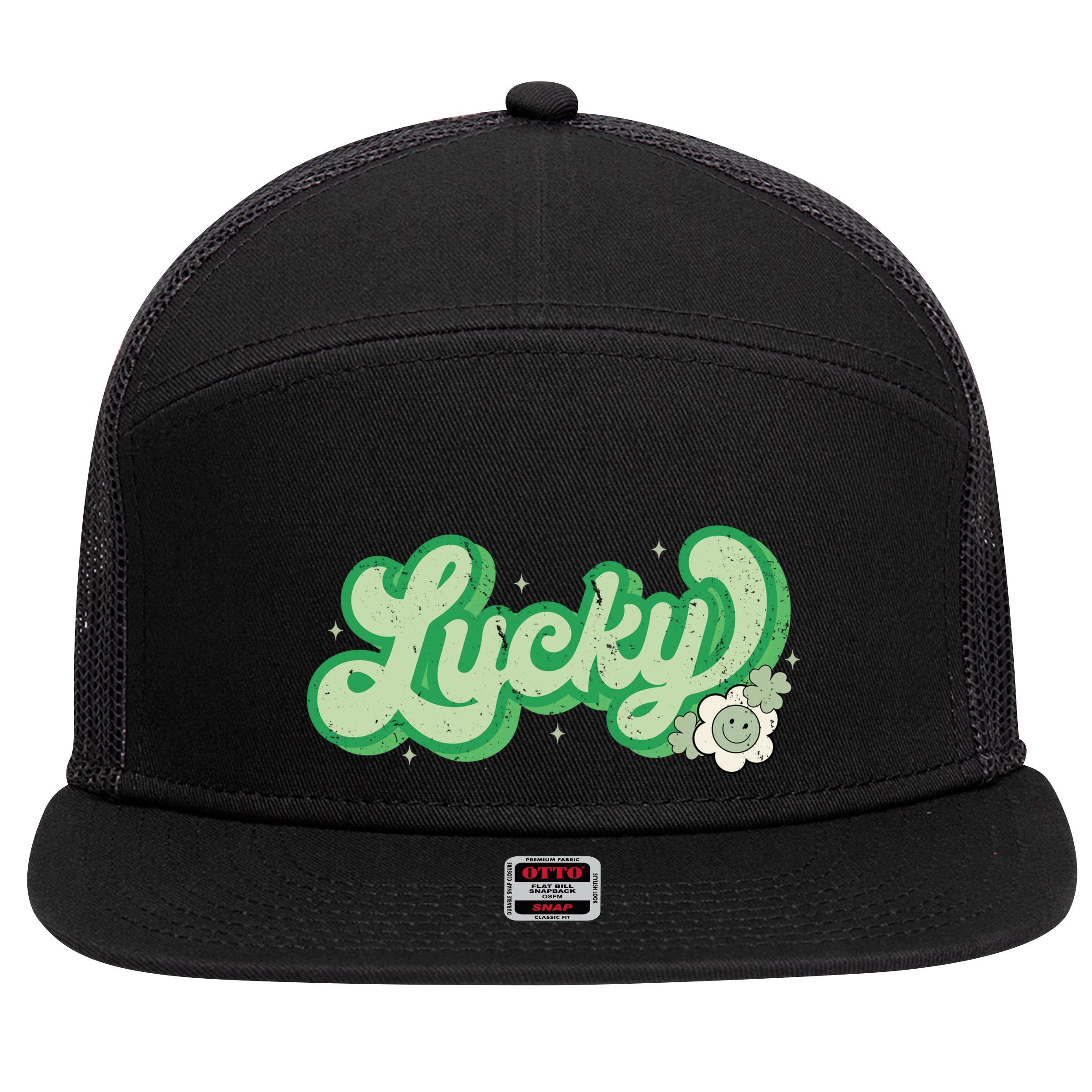 Retro Lucky St Patricks Day Irish Clover 7 Panel Mesh Trucker Snapback Hat