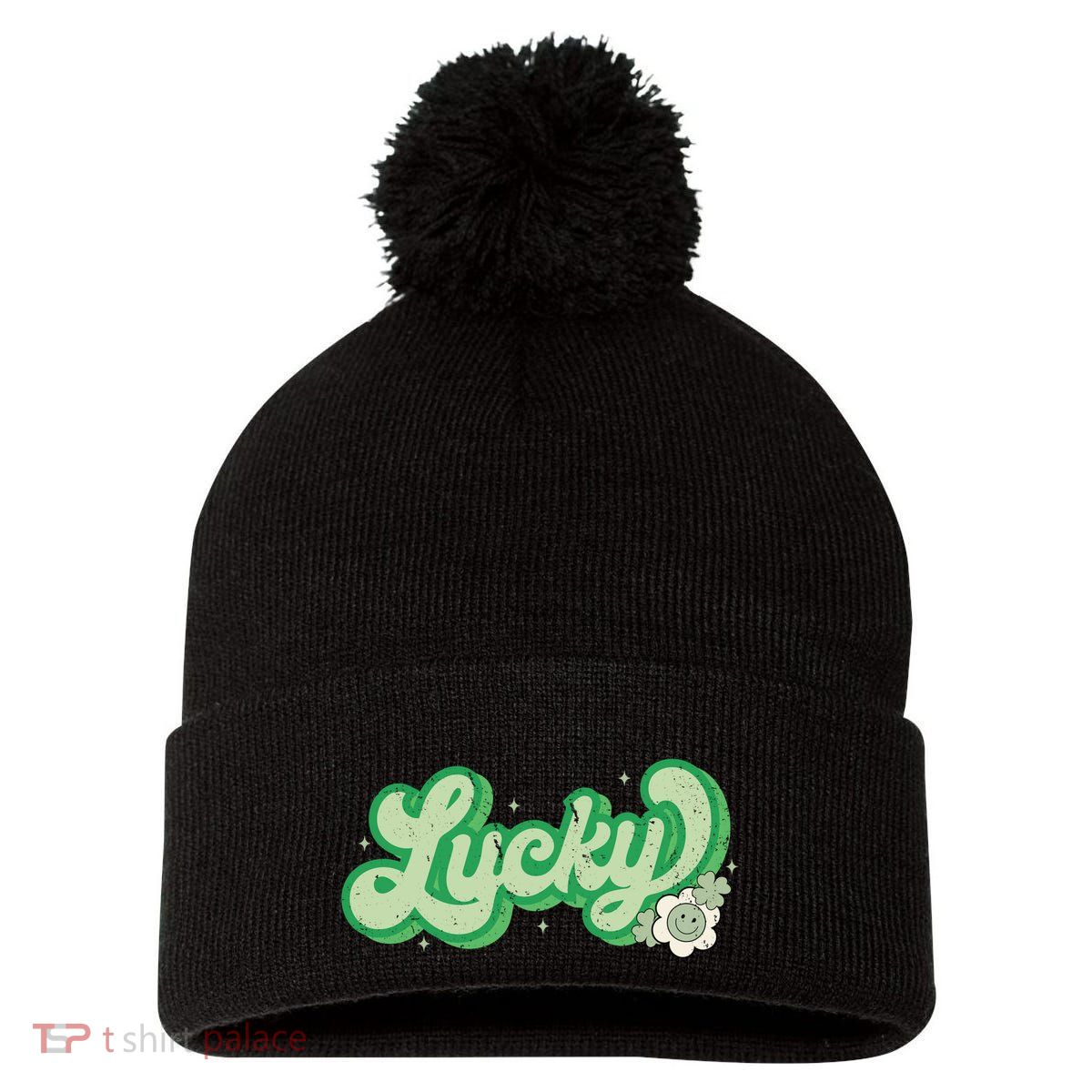 Retro Lucky St Patricks Day Irish Clover Pom Pom 12in Knit Beanie