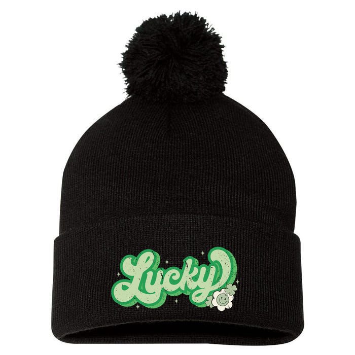 Retro Lucky St Patricks Day Irish Clover Pom Pom 12in Knit Beanie