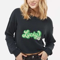 Retro Lucky St Patricks Day Irish Clover Cropped Pullover Crew
