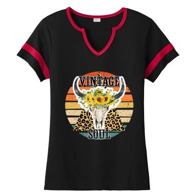 Retro Leopard Sunflower Bull Skull Vintage Soul Western Girl Gift Ladies Halftime Notch Neck Tee