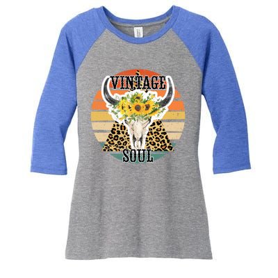 Retro Leopard Sunflower Bull Skull Vintage Soul Western Girl Gift Women's Tri-Blend 3/4-Sleeve Raglan Shirt