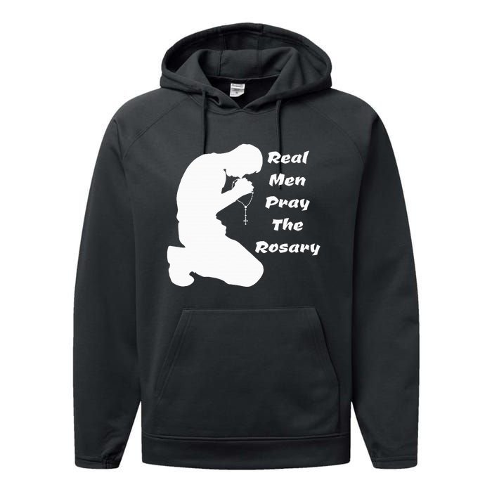 Real Like To Pray The Rosary Kneeling Man Performance Fleece Hoodie