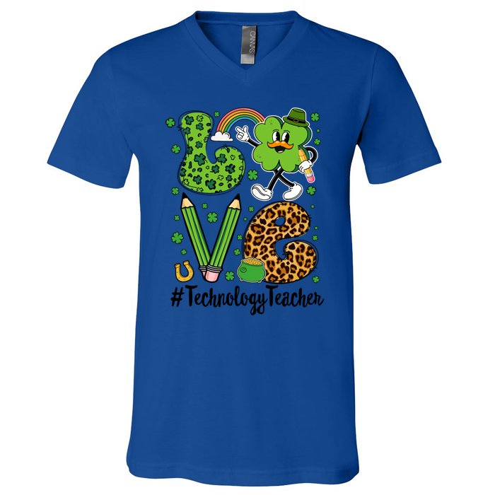 Retro Love Technology Teacher St Patricks Day Lucky Gift V-Neck T-Shirt