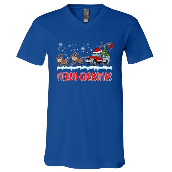 Reindeer Line Truck Christmas Merry Xmas Electrician Cute Gift V-Neck T-Shirt