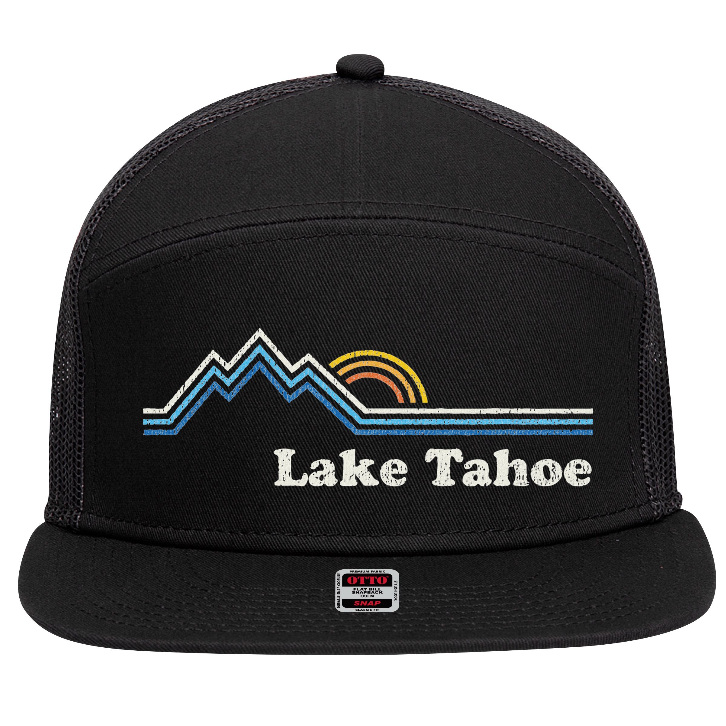 Retro Lake Tahoe California Vintage Sunrise Mountain 7 Panel Mesh Trucker Snapback Hat