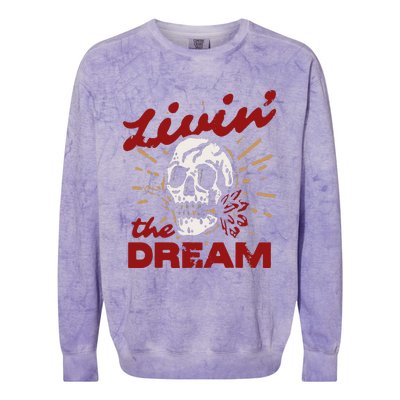 Retro Livin The Dream Skull With Rose Western Southerm Colorblast Crewneck Sweatshirt