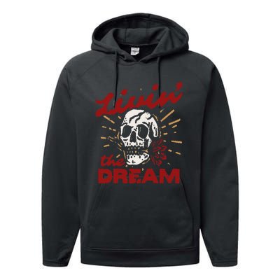 Retro Livin The Dream Skull With Rose Western Southerm Performance Fleece Hoodie