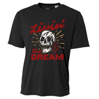 Retro Livin The Dream Skull With Rose Western Southerm Cooling Performance Crew T-Shirt