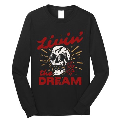 Retro Livin The Dream Skull With Rose Western Southerm Long Sleeve Shirt