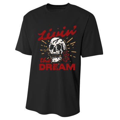 Retro Livin The Dream Skull With Rose Western Southerm Performance Sprint T-Shirt