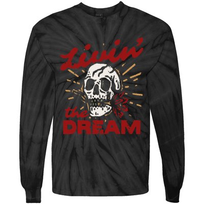 Retro Livin The Dream Skull With Rose Western Southerm Tie-Dye Long Sleeve Shirt