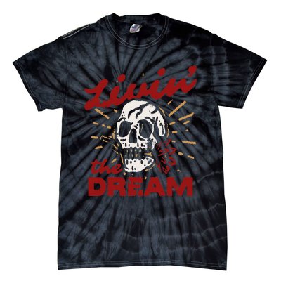 Retro Livin The Dream Skull With Rose Western Southerm Tie-Dye T-Shirt