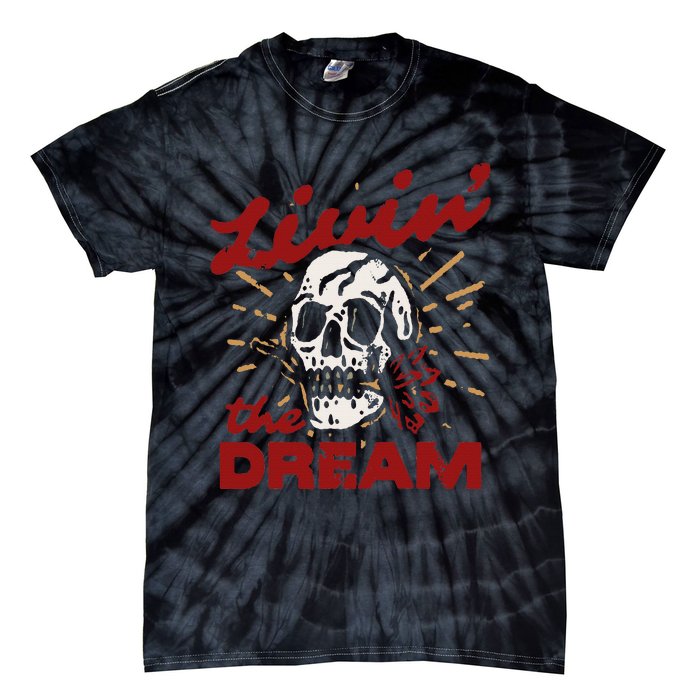 Retro Livin The Dream Skull With Rose Western Southerm Tie-Dye T-Shirt