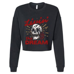 Retro Livin The Dream Skull With Rose Western Southerm Cropped Pullover Crew