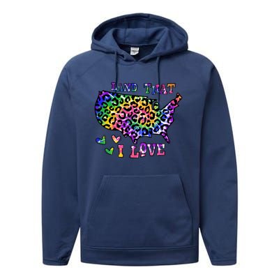 Retro Land That I Love Tie Dye Patriotic Aesthetic Usa Map Cool Gift Performance Fleece Hoodie