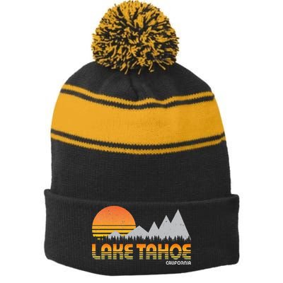 Retro Lake Tahoe California Stripe Pom Pom Beanie