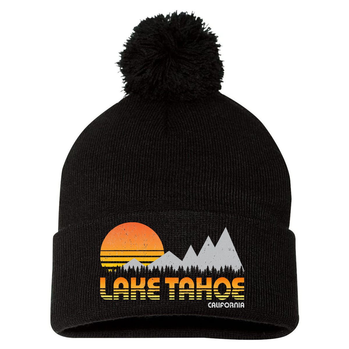 Retro Lake Tahoe California Pom Pom 12in Knit Beanie