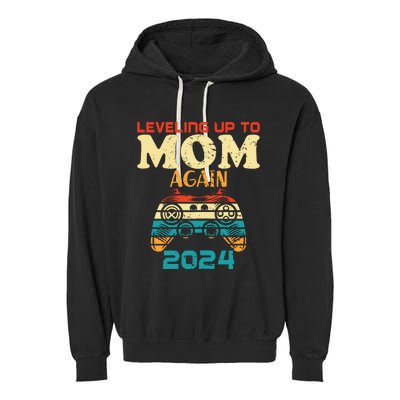 Retro Leveling Up To Mom Again 2024 Promoted To Mommy Garment-Dyed Fleece Hoodie