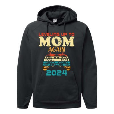 Retro Leveling Up To Mom Again 2024 Promoted To Mommy Performance Fleece Hoodie