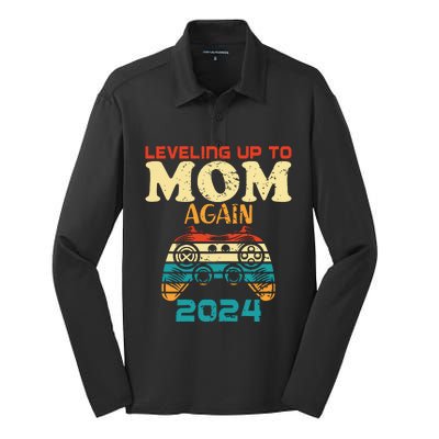 Retro Leveling Up To Mom Again 2024 Promoted To Mommy Silk Touch Performance Long Sleeve Polo