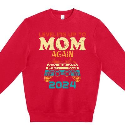 Retro Leveling Up To Mom Again 2024 Promoted To Mommy Premium Crewneck Sweatshirt