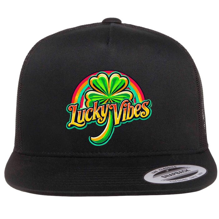 Retro Lucky Vibes St. Patrick’S Day Irish Four Leaf Clover Flat Bill Trucker Hat