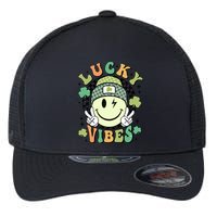 Retro Lucky Vibes St PatrickS Day Happy Face Shamrock Cute Gift Flexfit Unipanel Trucker Cap