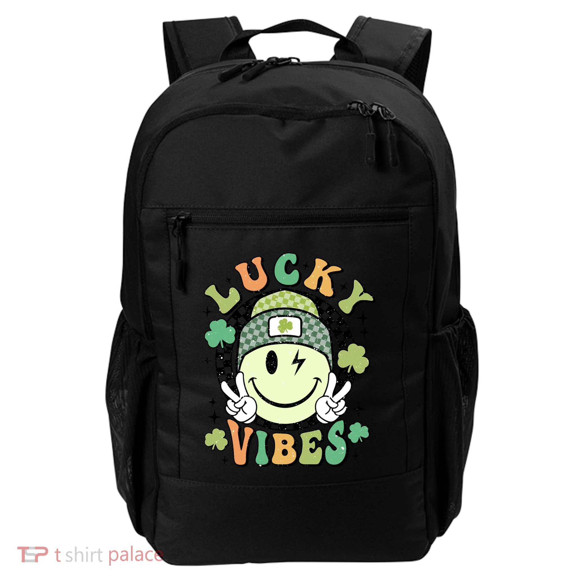 Retro Lucky Vibes St PatrickS Day Happy Face Shamrock Cute Gift Backpack
