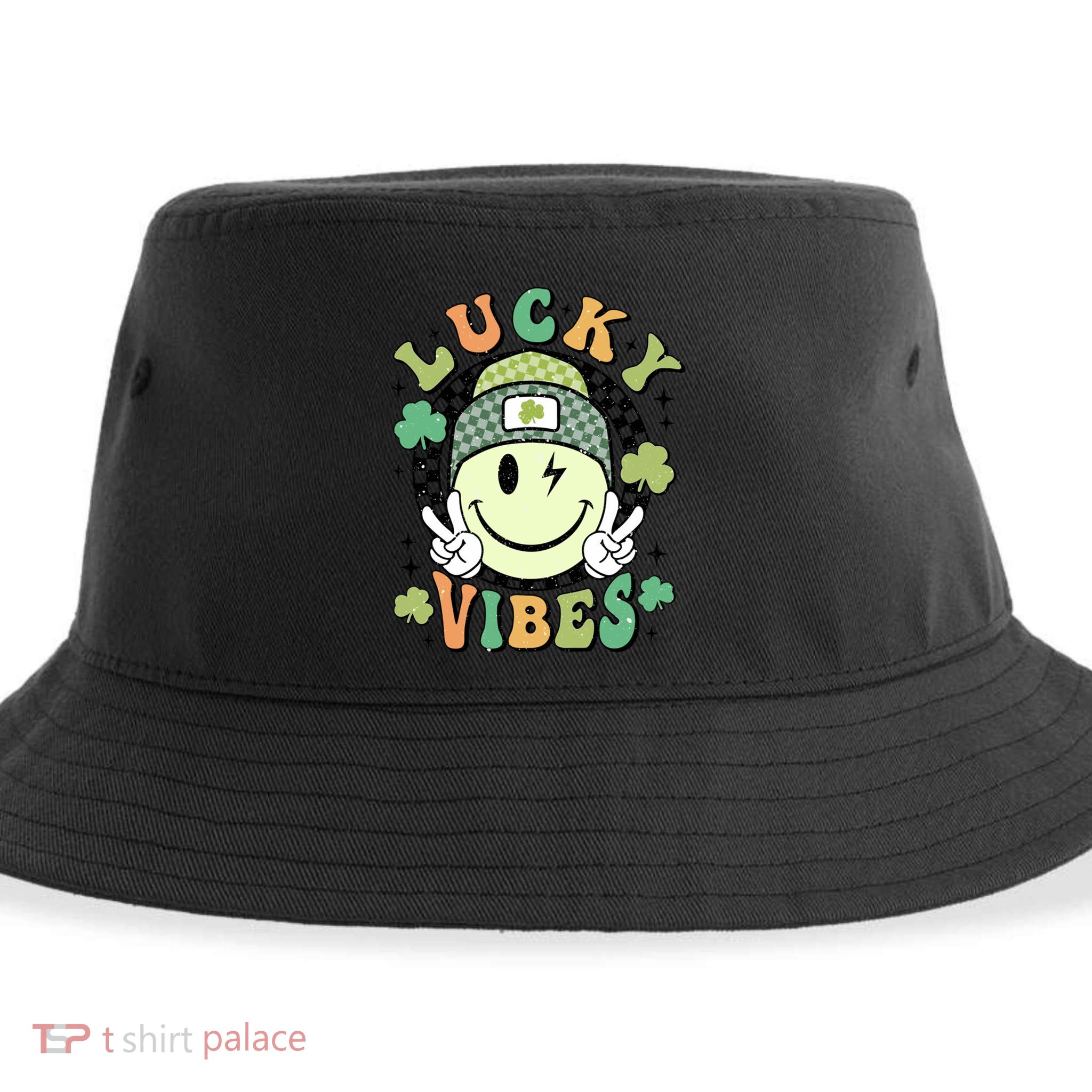 Retro Lucky Vibes St PatrickS Day Happy Face Shamrock Cute Gift Sustainable Bucket Hat