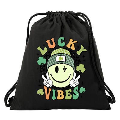 Retro Lucky Vibes St PatrickS Day Happy Face Shamrock Cute Gift Drawstring Bag