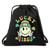 Retro Lucky Vibes St PatrickS Day Happy Face Shamrock Cute Gift Drawstring Bag