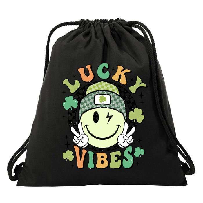 Retro Lucky Vibes St PatrickS Day Happy Face Shamrock Cute Gift Drawstring Bag