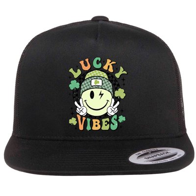 Retro Lucky Vibes St PatrickS Day Happy Face Shamrock Cute Gift Flatbill Hat