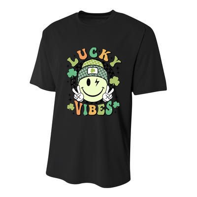 Retro Lucky Vibes St PatrickS Day Happy Face Shamrock Cute Gift Youth Performance Sprint T-Shirt