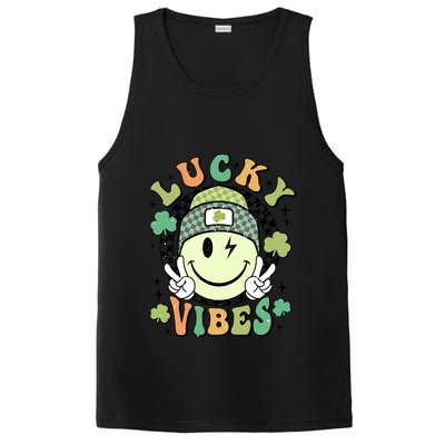 Retro Lucky Vibes St PatrickS Day Happy Face Shamrock Cute Gift PosiCharge Competitor Tank