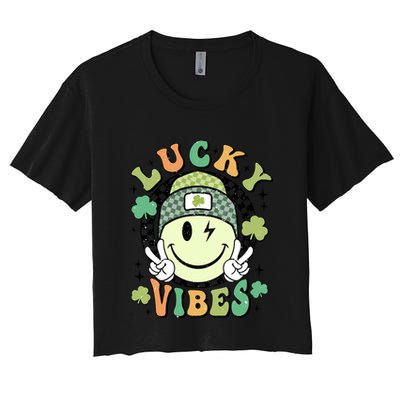 Retro Lucky Vibes St PatrickS Day Happy Face Shamrock Cute Gift Crop Top