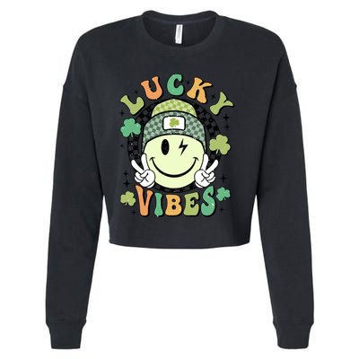 Retro Lucky Vibes St PatrickS Day Happy Face Shamrock Cute Gift Cropped Pullover Crew