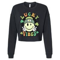 Retro Lucky Vibes St PatrickS Day Happy Face Shamrock Cute Gift Cropped Pullover Crew