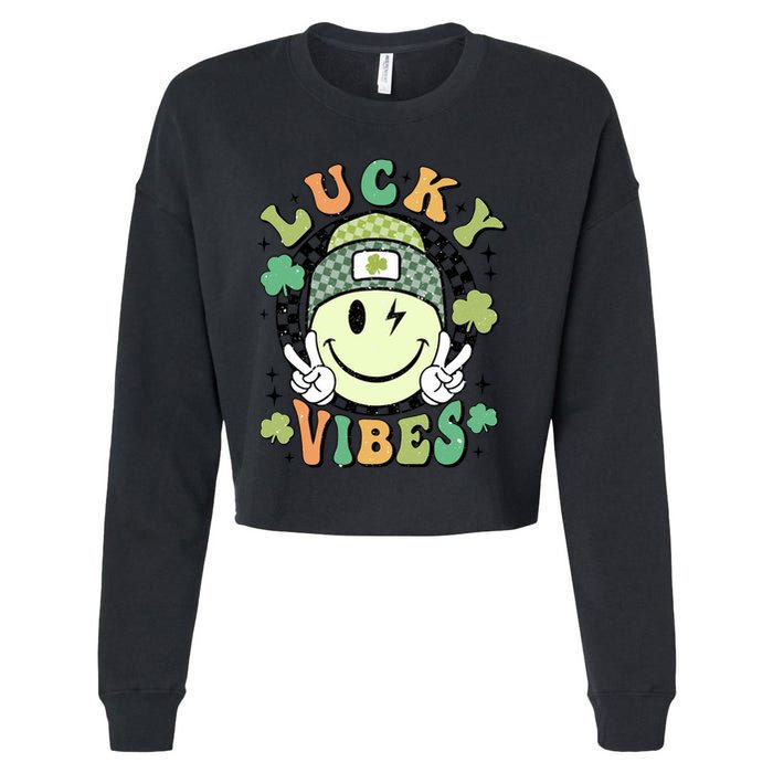 Retro Lucky Vibes St PatrickS Day Happy Face Shamrock Cute Gift Cropped Pullover Crew